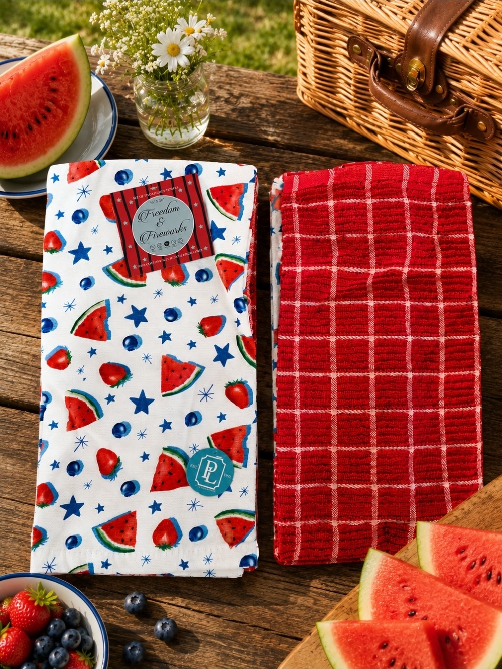 Patriotic Watermelon & Red Check Kitchen Towels